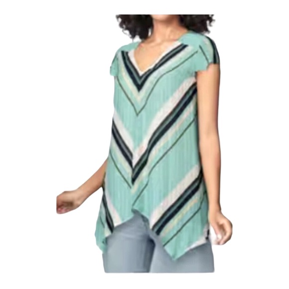 Monroe & Main Semi-Sheer Top Aqua Pool Blue Chevron Lettuce Hem Tunic Blouse - Picture 1 of 10